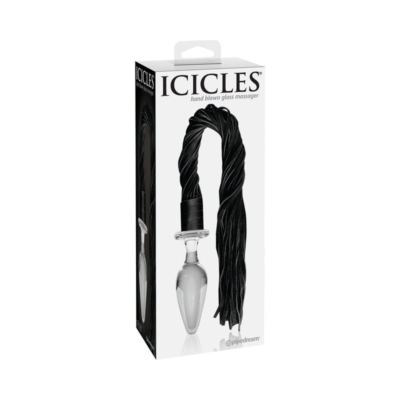 Pipedream Icicles No. 49 Leather Flogger With 4 in. Glass Anal Plug Handle Clear/Black