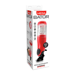 PDX Mega-Bator Mouth Rechargeable Rotating Thrusting Stroker With Hands-Free Suction Cup Clear/Red