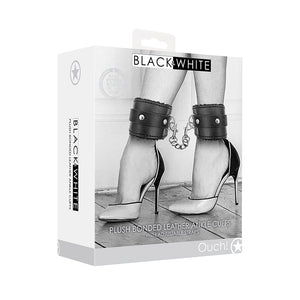 Ouch! Black & White Adjustable Plush Bonded Leather Ankle Cuffs Black