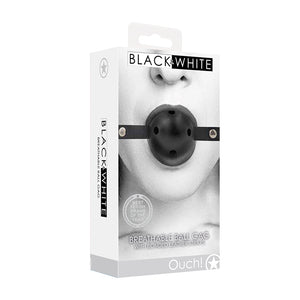 Ouch! Black & White Breathable Ball Gag With Bonded Leather Straps Black