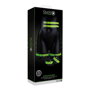 Ouch! Glow in the Dark 5-Piece Bonded Leather Thigh & Handcuffs With Belt Restraint Neon Green S/M