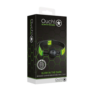 Ouch! Glow in the Dark Bonded Leather Breathable Ball Gag Neon Green