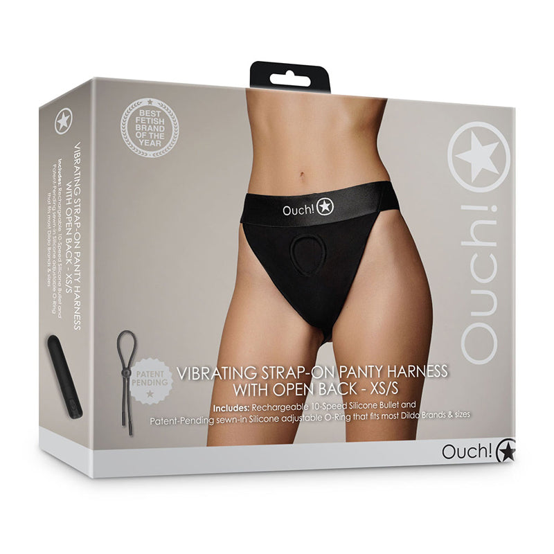 Shots Ouch! Vibrating Strap-on Panty Harness with Open Back Black XS/S